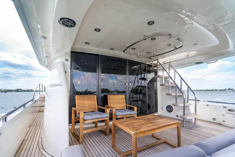 Slide: The Image of Luxurious 2020 Fairline 68 yacht deck with wooden furniture and ocean view. - 18