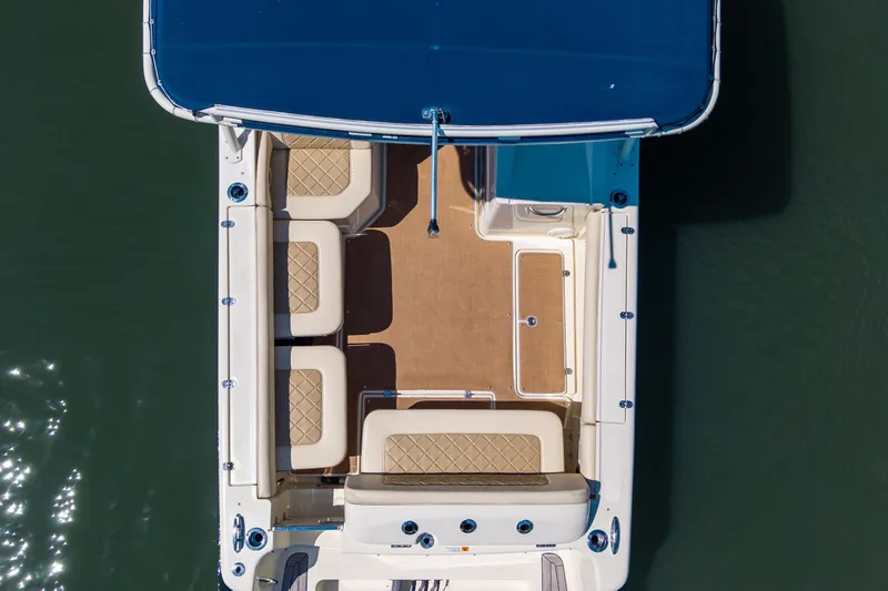 Slide: The Image of Overhead view of 2017 Chris-Craft Calypso 26 boat interior with seating and deck. - 13