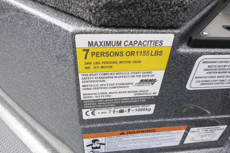 Slide: The Image of 2023 Ranger 622FS Pro boat capacity label, maximum 7 persons or 1155 lbs. - 11