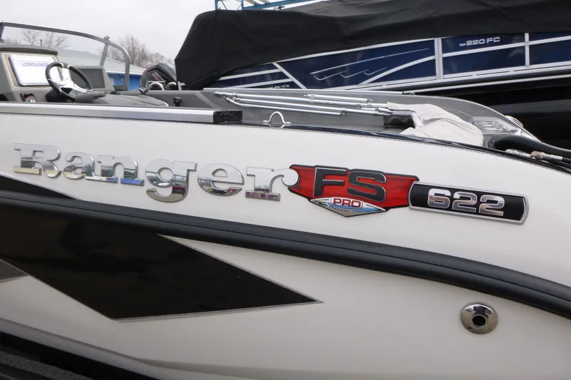 Slide: The Image of 2023 Ranger 622FS Pro boat, side view with logo and branding details. - 3