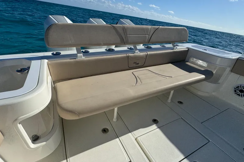 Slide: The Image of 2021 SeaVee Boats 370Z interior seating with ocean view. - 18