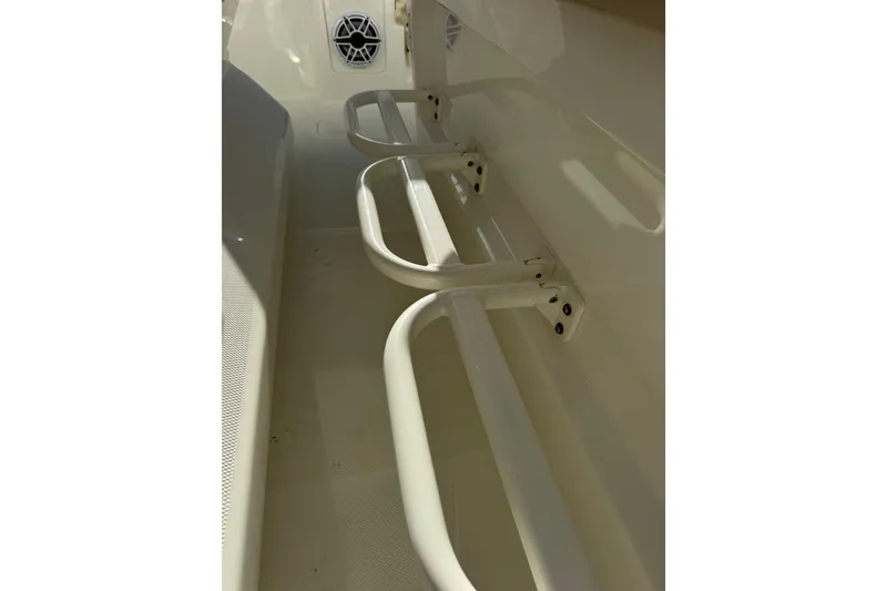 Slide: The Image of 2021 SeaVee Boats 370Z interior detail with white handrails and speaker. - 31