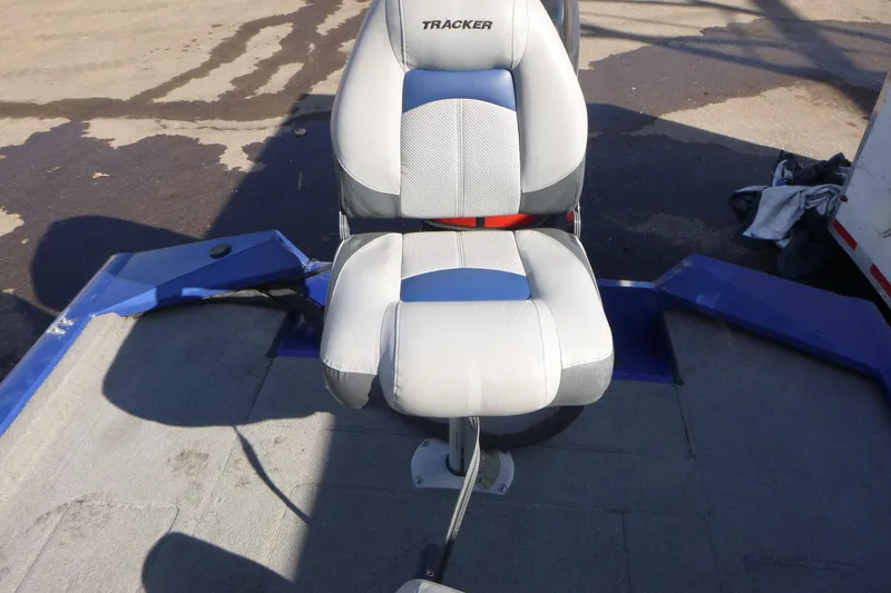 Slide: The Image of 2011 Tracker Pro Team 175 TF boat seat, gray and blue upholstery. - 13