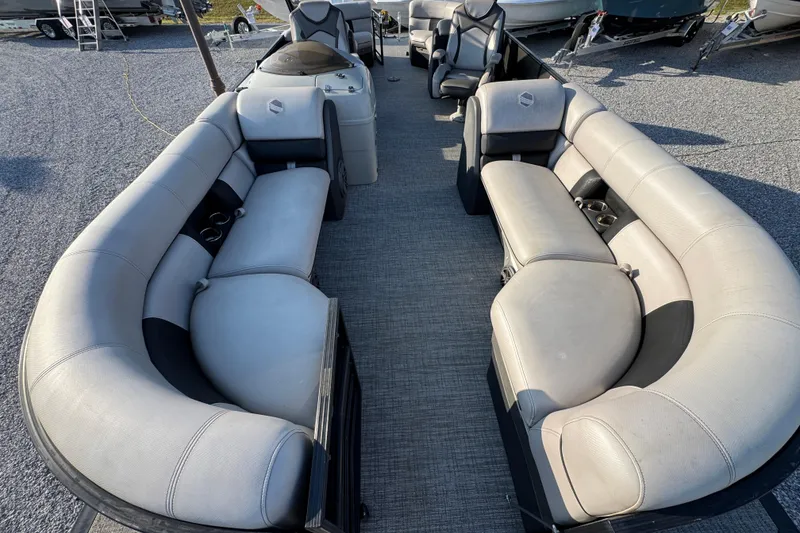 Slide: The Image of 2018 South Bay 725RS pontoon boat interior with spacious seating and modern design. - 16
