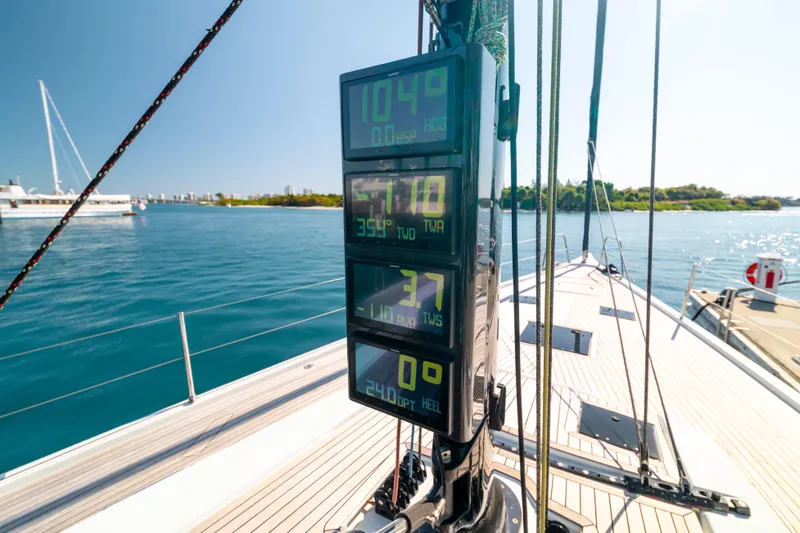 Slide: The Image of 2016 Grand Soleil 58 yacht with digital navigation display on deck, sailing in clear blue waters. - 20
