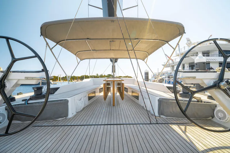 Slide: The Image of Luxury Grand Soleil 58 yacht deck, 2016 model, featuring dual steering wheels and spacious seating. - 22