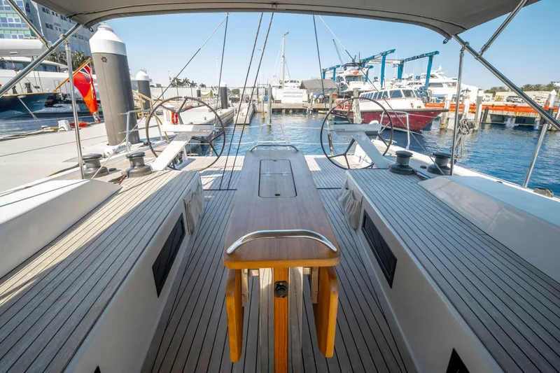 Slide: The Image of Grand Soleil 58 yacht cockpit with dual steering wheels, docked at a marina, 2016 model. - 26