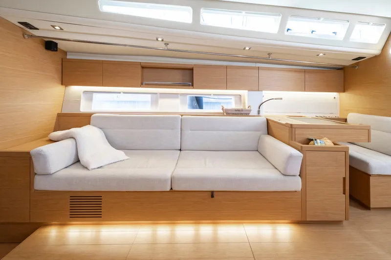 Slide: The Image of Luxurious interior of 2016 Grand Soleil 58 yacht with modern wood and white furnishings. - 43
