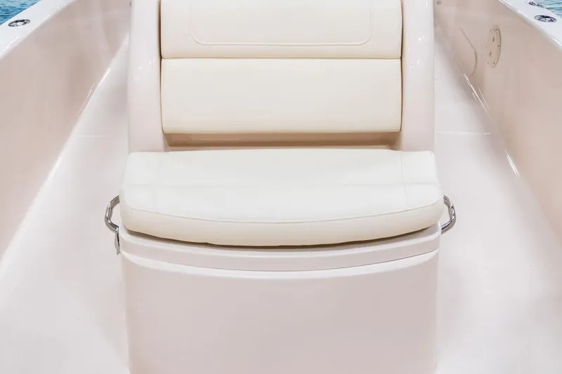 Slide: The Image of Manufacturer Provided Image: 2024 Grady-White 251 Coastal Explorer boat seat, white cushioned seating. - 8