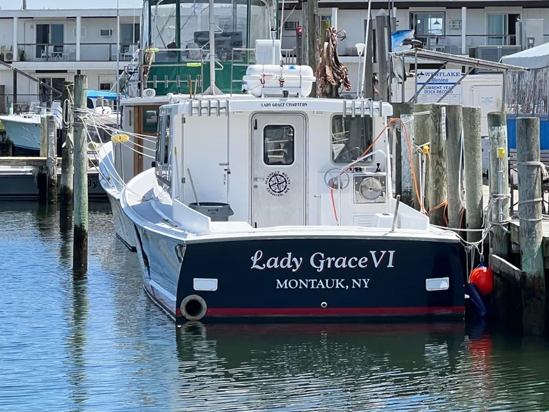 Slide: The Image of Wesmac 38 boat "Lady Grace VI" docked in Montauk, NY marina, 2022 model. - 8