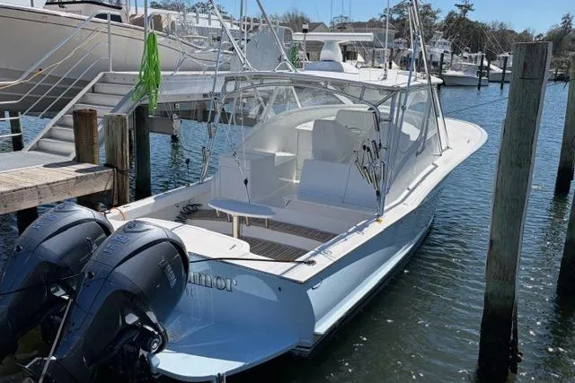 The Image of 2012 Shearline Express Fisherman boat docked with dual outboard engines. - 0