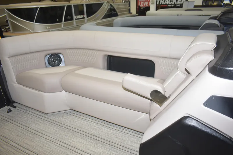 Slide: The Image of Luxurious seating on 2026 Premier 230 Solaris RL - PTX CL boat interior. - 2