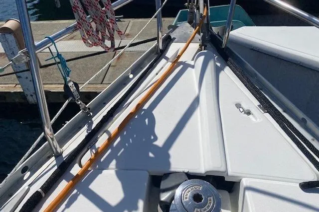 Slide: The Image of Deck view of a 2005 Beneteau Oceanis 373 sailboat at dock. - 33