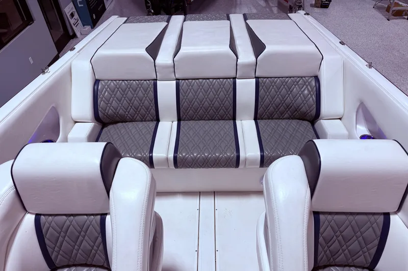 Slide: The Image of 2008 Sleekcraft 34' Heritage boat interior with quilted seating and modern design. - 22