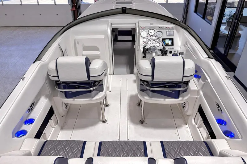 Slide: The Image of Interior of a 2008 Sleekcraft 34' Heritage boat with modern cockpit design. - 30