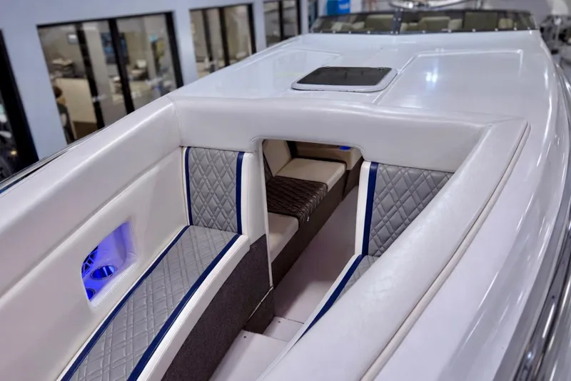 Slide: The Image of Interior view of a 2008 Sleekcraft 34' Heritage boat with luxurious seating. - 36