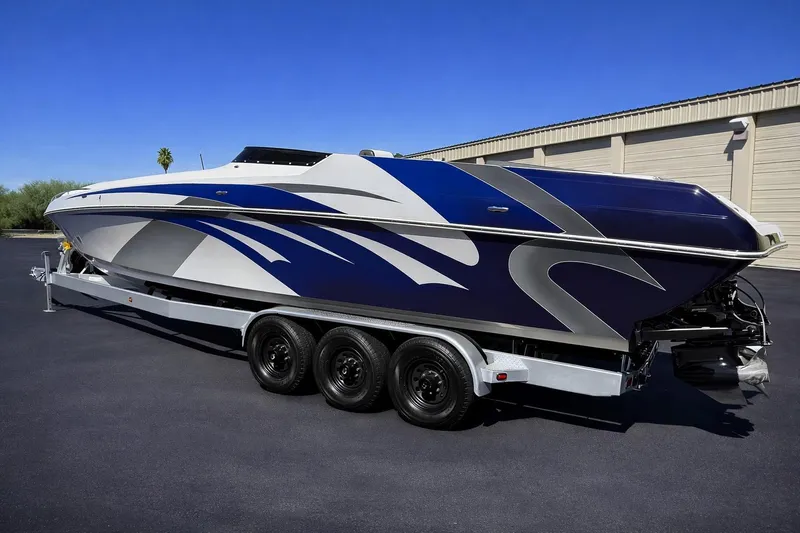 Slide: The Image of 2008 Sleekcraft 34' Heritage boat on trailer, featuring sleek blue and silver design. - 4