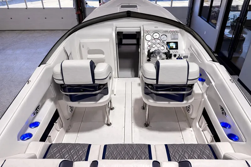 Slide: The Image of 2008 Sleekcraft 34' Heritage boat interior with modern dashboard and luxurious seating. - 7