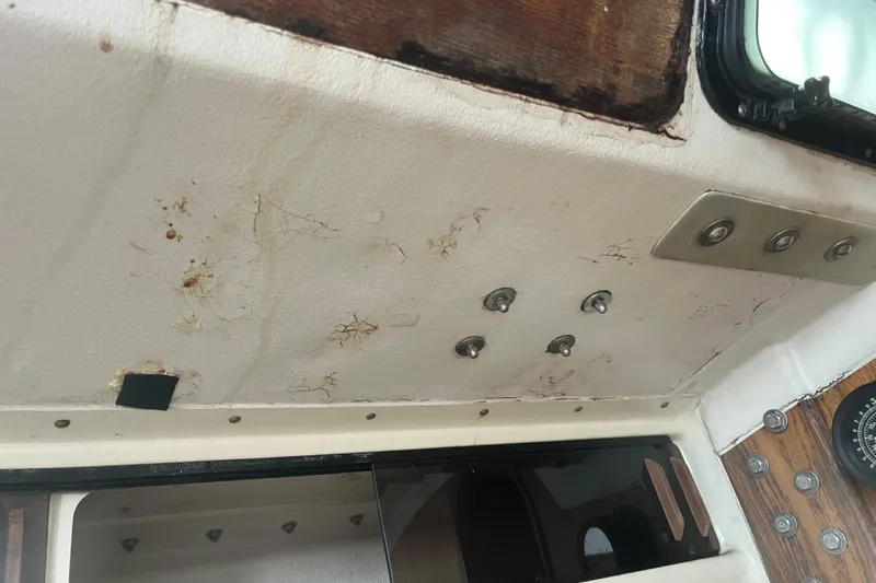 Slide: The Image of Interior ceiling of 1986 Alsberg Brothers Express 37 showing wear and rust stains. - 51