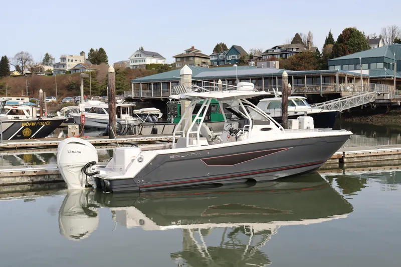 Slide: The Image of 2025 Solara S-250 CW boat docked at marina with scenic waterfront background. - 3