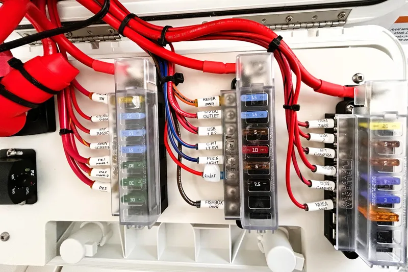 Slide: The Image of Electrical panel with labeled wires and fuses in a 2025 Solara S-250 CW. - 45