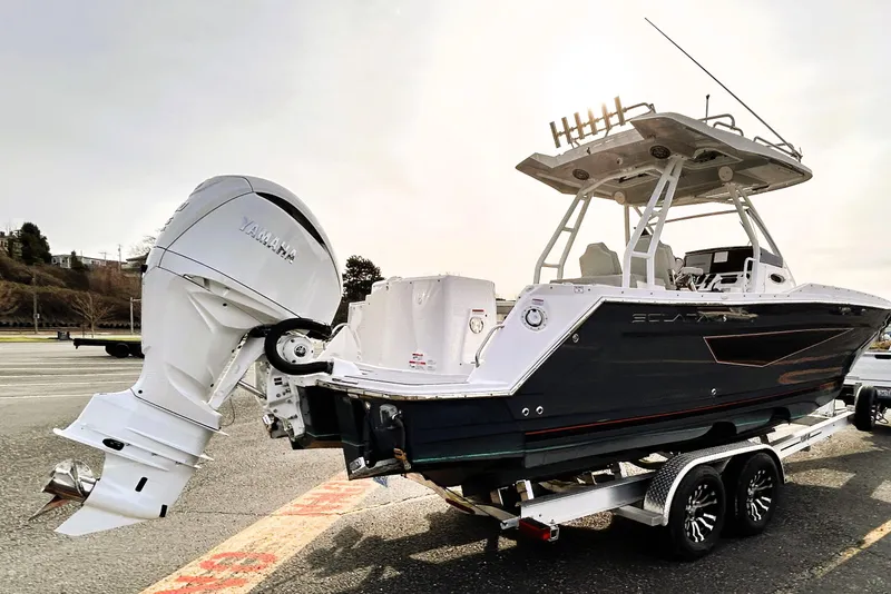 Slide: The Image of 2025 Solara S-250 CW boat on trailer with Yamaha outboard engine. - 8