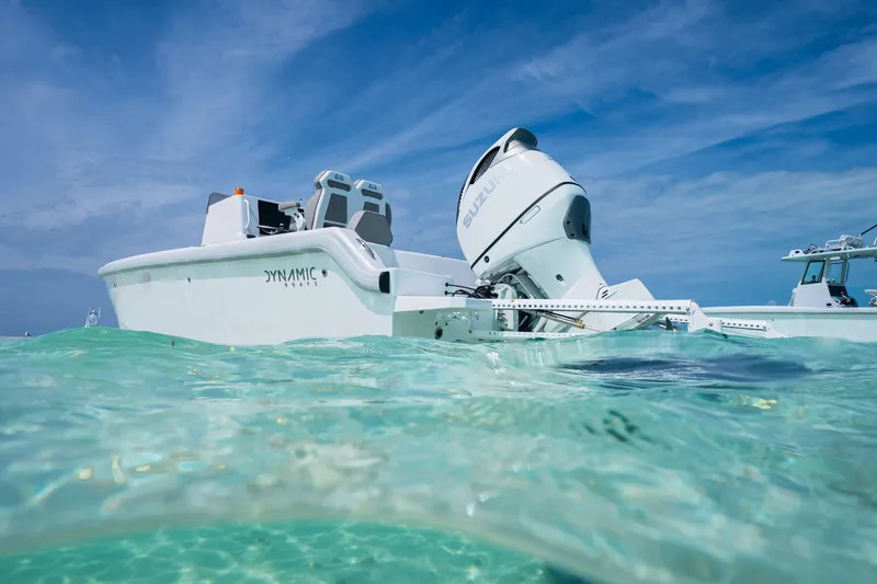 Slide: The Image of 2026 Dynamic D-250DF boat in clear turquoise water under a blue sky. - 15