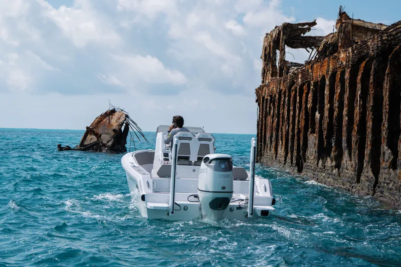 Slide: The Image of Boat navigating near rusted shipwreck in ocean, Dynamic D-250DF, 2026 model. - 27