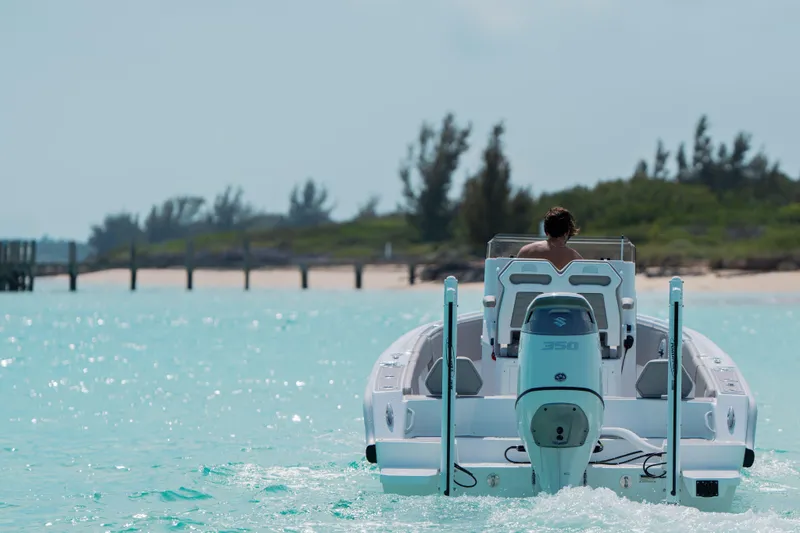 Slide: The Image of A Dynamic D-250DF boat cruising in clear turquoise waters, 2026 model. - 7
