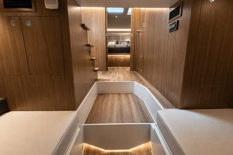 Slide: The Image of Luxurious interior of 2024 Cruisers Yachts 50 GLS with wood paneling and modern design. - 33