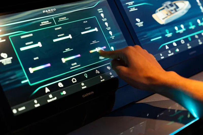 Slide: The Image of Touchscreen control panel on 2026 Pardo Yachts P43, showcasing advanced navigation features. - 14