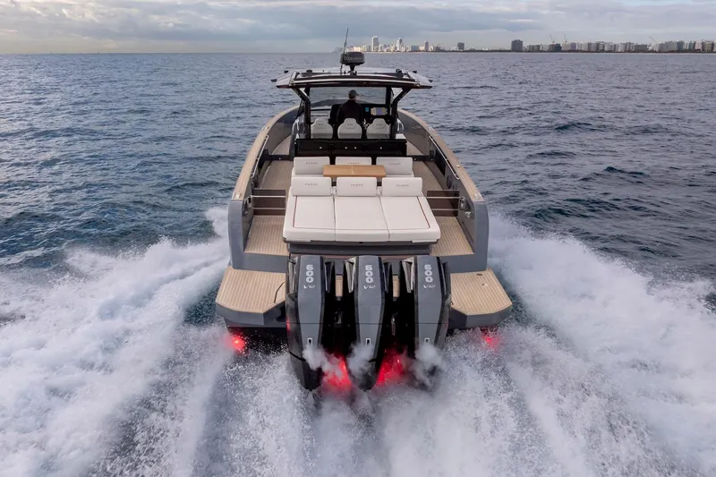 Slide: The Image of 2026 Pardo Yachts P43R cruising on open water, showcasing powerful engines and sleek design. - 28