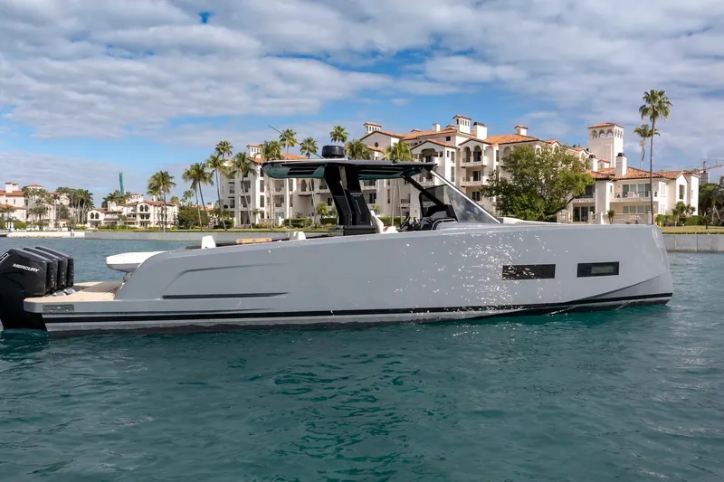 Slide: The Image of 2026 Pardo Yachts P43R luxury yacht on water, elegant design, coastal backdrop. - 3