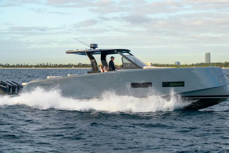 Slide: The Image of 2026 Pardo Yachts P43R cruising on open water, sleek design, modern luxury. - 31