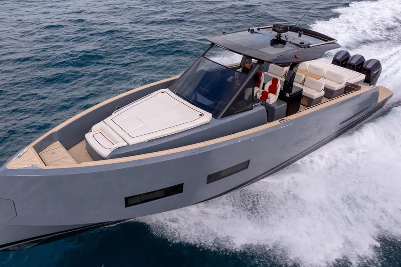 Slide: The Image of 2026 Pardo Yachts P43R cruising on open water, showcasing sleek design and powerful engines. - 9