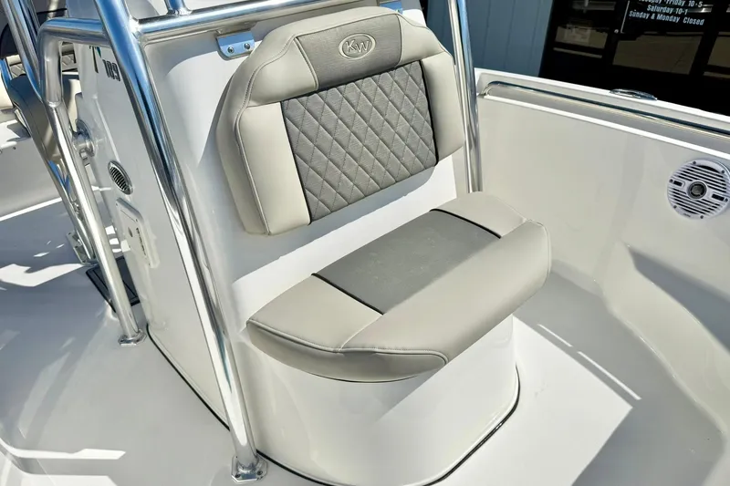 Slide: The Image of 2026 Key West 189 FS boat seat with quilted design and stainless steel frame. - 14