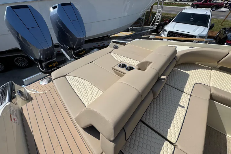 Slide: The Image of 2026 Chris-Craft Launch 35 GT boat with luxurious seating and dual Mercury outboard engines. - 43