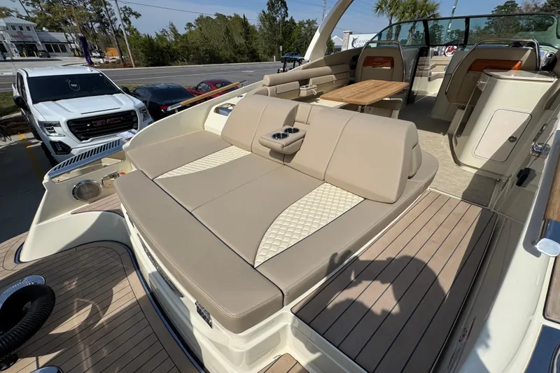 Slide: The Image of Luxurious interior of 2026 Chris-Craft Launch 35 GT boat with elegant seating and wood accents. - 44