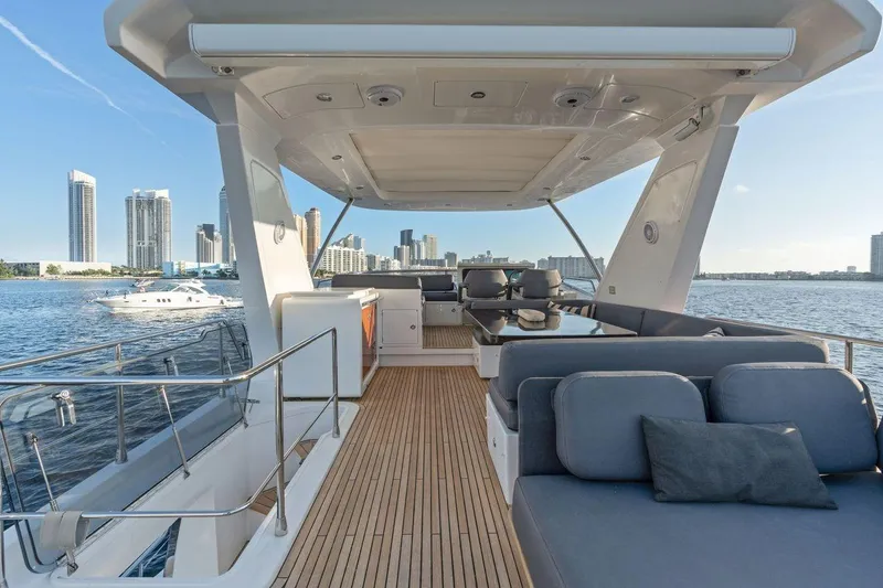 Slide: The Image of Luxurious 2017 Azimut 66 yacht deck with city skyline and waterfront views. - 6
