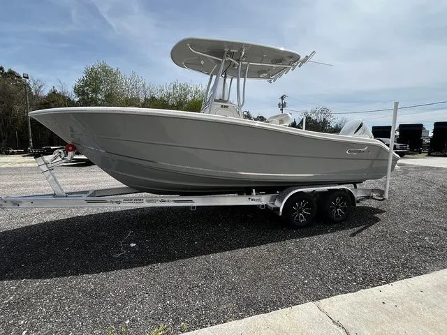 Slide: The Image of 2026 Bulls Bay 230CC boat on trailer, silver color. - 3