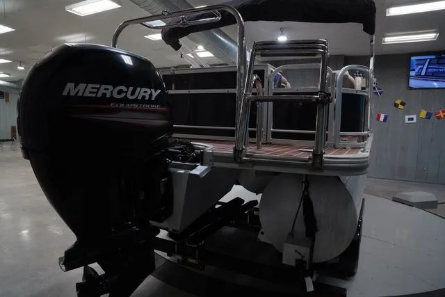 Slide: The Image of 2015 South Bay 424FCR pontoon boat with Mercury engine indoors. - 8