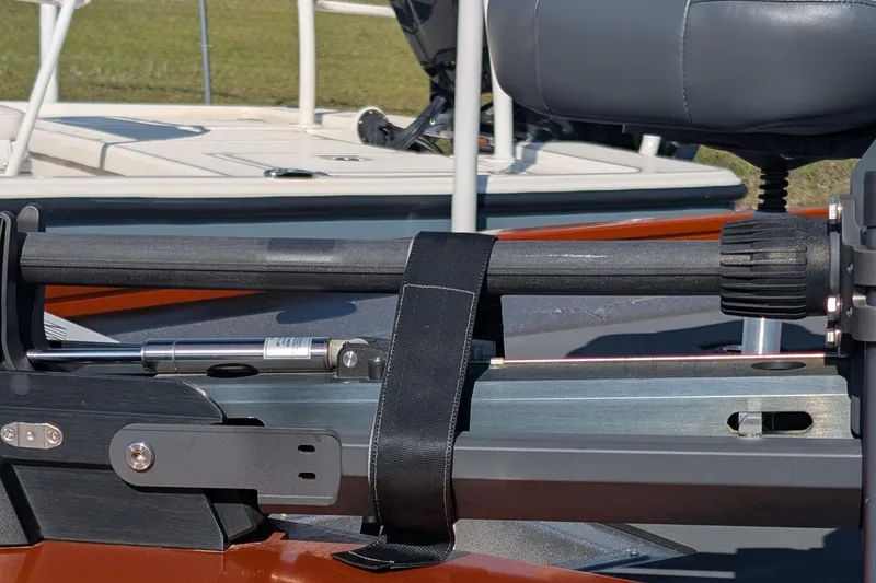 Slide: The Image of 2022 Lowe Stinger 175 boat seat and motor mount detail in sunlight. - 9