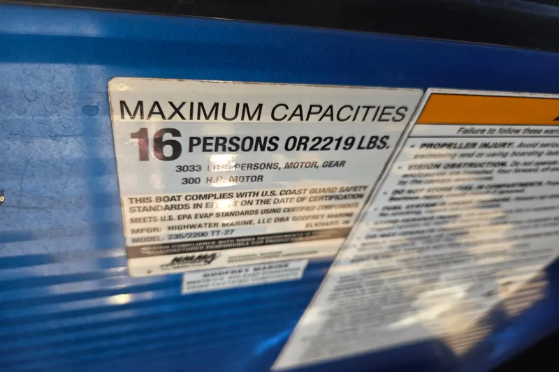 Slide: The Image of 2020 Godfrey AquaPatio 235 C capacity label, 16 persons or 2219 lbs, 300 HP motor. - 8