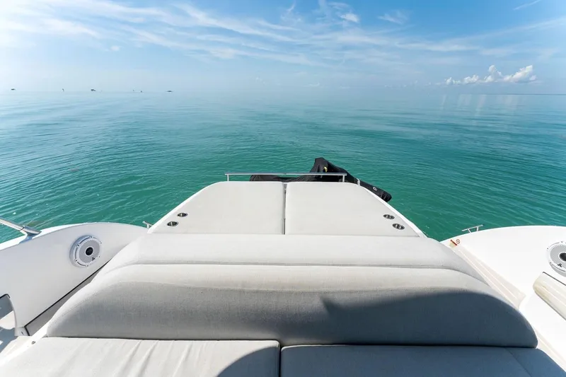 Slide: The Image of Luxurious Azimut Atlantis 45 yacht deck overlooking serene ocean, 2021 model. - 12