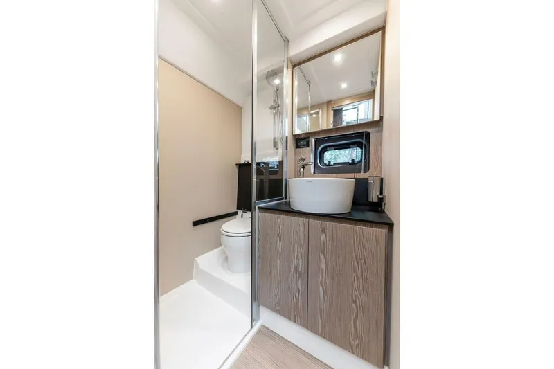 Slide: The Image of Modern bathroom interior of 2021 Azimut Atlantis 45 yacht, featuring sleek design and elegant fixtures. - 37