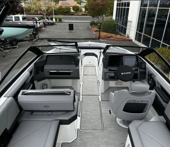 Slide: The Image of Interior of a 2025 Cobalt R4 boat, modern design, gray upholstery. - 5
