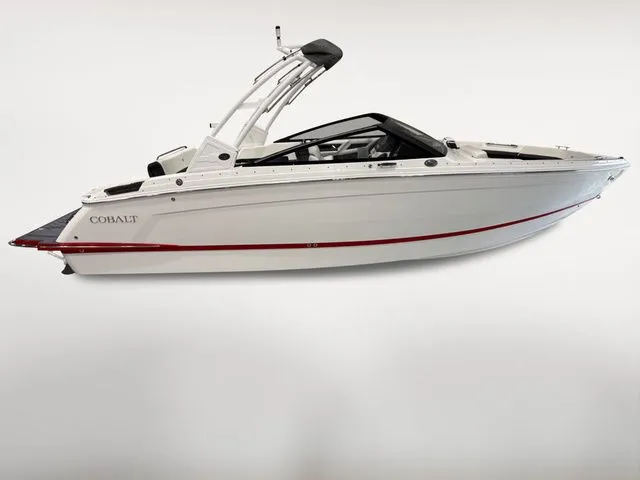 Slide: The Image of 2025 Cobalt R6 boat with sleek design and red accent. - 5