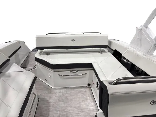 Slide: The Image of Interior of Cobalt R6 boat, luxurious white seating, model year 2025. - 8