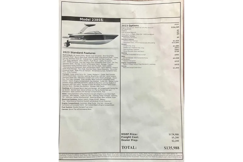 Slide: The Image of 2023 Monterey 238SS Super Sport features and options list with pricing details. - 4