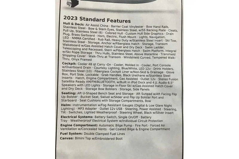 Slide: The Image of 2023 Monterey 238SS Super Sport standard features list, detailing hull, cockpit, seating, and more. - 5